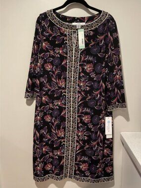 NWT  Wisp Marnie Knit Shift Dress Black Purple Floral Stitch Fix Keyhole Size 10